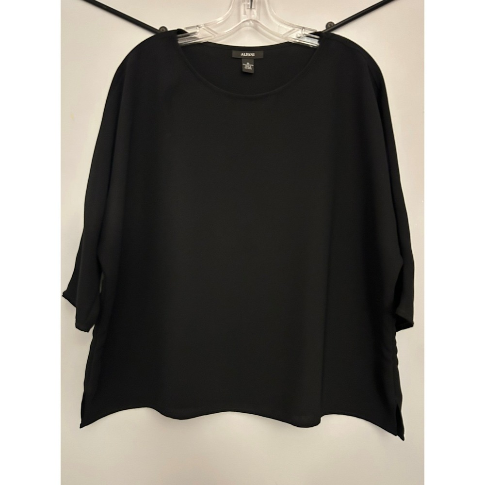 Alfani Womens Black Dolman 3/4 Sleeve Blouse Size 12 Crew Neck Boxy Top